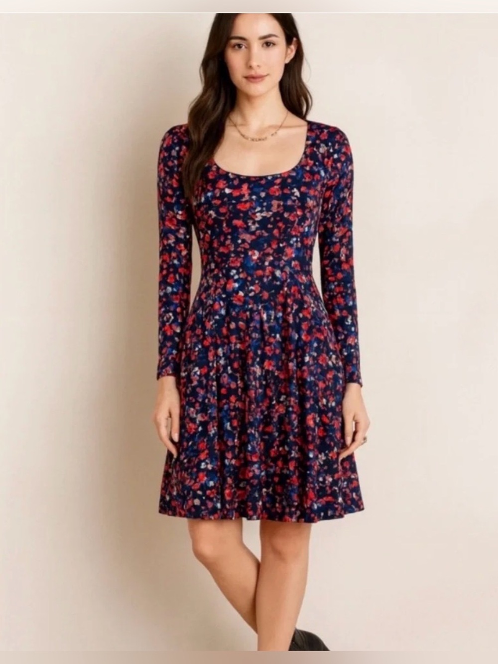 HD in Paris Anthropology Navy Floral Long-Sleeve Scoop Neck Fall Dress